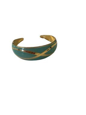 Vintage Gold Tone Teal Enamel Cuff Bracelet Wide Hingeless Open Bangle Modernist